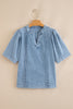 Myosotis Pintuck Pleats Puff Sleeve Split V Neck Summer Denim Top