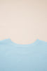 Mist Blue Solid Color Ribbed Trim Short Sleeve Top Drawstring Loose Pants 2pcs Outfit