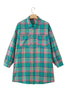 Green Plaid Button-Up Shift Long Sleeve V Neck Plus Size Dress