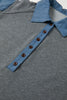 Carbon Grey Denim Color Block Patchwork Shirt Collar Short Sleeve Blouse
