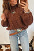 Coffee Solid Color Cable Knit High Neck Loose Pullover Sweater