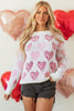 Pink Heart Leopard Print Pearled Ribbed Trim Fuzzy Sweater