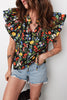 Black Tiered Flutter Sleeve V Neck Flower Blouse