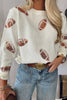 Beige Sequin Football Print Round Neck Long Sleeve Loose Fit Sweater