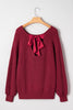 Red Dahlia Ribbed Knit Ribbon Knot Backless Drop Shoulder Sweater