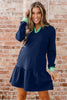 Navy Blue Contrast Striped Cuffs Polo Collar Patchwork Long Sleeve Ruffle Hem Mini Dress