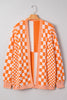 Orange Checkered Bubble Sleeve Drop Shoulder Open Cardigan