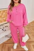 Bright Pink Plus Size Henley Drop Shoulder Pullover and Jogger Pants Two Piece Set