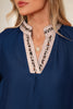 Violet Leopard Trim V Neck Flounced Bracelet Sleeve Blouse