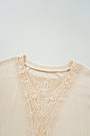 Beige Lace Crochet Patched Cable Textured Cuffed Short Sleeve Plus Size Top