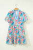 Multicolour Floral Print Contrast Scallop Striped Trim V Neck Dress