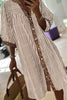 Khaki Stripe Square Button Leopard Trim Loose Bracelet Sleeve Shirt Dress