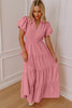 Clearly Aqua Solid Color V Neck Short Puff Sleeve High Waist Tiered Maxi Dress