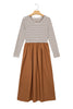 Brown Stripe Ribbed Knit Long Sleeve Bodice Contrast Patchwork Flared Dress