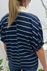 Blue Stripe Stand Collar V Neck Elastic Cuffs Half Sleeve Dolman Top