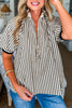 Black Stripe Polo Collar Half Zip Short Puff Sleeve Blouse