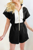Black Contrast Collar Patchwork Zip Front Romper