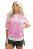 Pink Stripe Round Neck Drop Shoulder Short Sleeve Loose Top