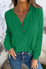 Racing Red Solid Color Button V Neck Long Sleeve Top