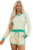 White Contrast Trim Colorblock Long Sleeve Pullover and Drawstring Shorts 2pcs Outfit