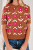 Brown Floral Short Puff Sleeve Sweater