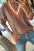 Gray Contrast Striped Trim V Neck Varsity Sweater