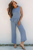 Beau Blue Solid Color Ribbed Ruffle Tank Top and Pants Set