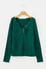 Skobeloff Lace Neckline Button Decor Lettuce Edge Long Sleeve Ribbed Top