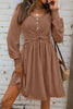 Chestnut Shirred Cuff Long Sleeve Button Round Neck Mini Dress