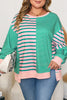 Green Stripe Color Block Exposed Seam Side Slit Plus Size Sweatshirt