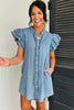 Myosotis Frilled Detail Button Down Ruffle Short Sleeve Denim Mini Dress