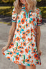Orange Contrast Trim Floral Split Neck Puff Short Sleeve Tiered Mini Dress