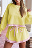 Yellow Cream Plaid Ruffled Patchwork Drop Shoulder Pullover and Drawstring Elastic Waist Shorts Matching Set
