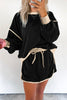 Black Color Contrast Loose Pullover and Lace-up Waist Skort Set