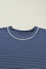 Blue Stripe Drop Shoulder Round Neck Long Sleeve Tee and Buttoned Shorts 2pcs Lounge Set