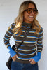 Chicory Coffee Ribbed Knit Contrast Cuff Henley Button Sweater