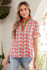 Red Floral Print Striped Detail V Neck Ruffled Short Sleeve Blouse