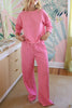 Pink Stripe Drop Shoulder Round Neck Top and Buttoned Straight Pants Two Piece Set