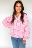 Pink Floral Print Half Zip Kangaroo Pouch Drawstring Hoodie