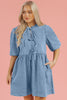 Dusk Blue Bowknot Bubble Sleeve Short Denim Dress