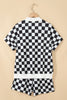 Pink Checkered Print Color Block Trim Mock Neck Short Set