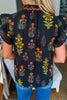 Black Floral Print Lace Trim Frilled V Neck Short Sleeve Shirt