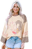 Beige Plaid Floral Peace Heart Graphic Wide Long Sleeve Top