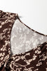 Brown Ditsy Floral Print Split Neck Long Sleeve Shirred Waist Flared Mini Dress