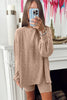Dark Khaki Ribbed Balloon Sleeve Pullover Top and Biker Knitted Short Set