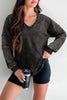 Carbon Grey Mineral Wash Exposed Seam Buttoned V Neck Pullover Top
