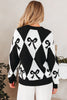 Black Bow Print 2-tone Rhombus Knit Loose Sweater