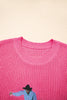 Bright Pink Western Cowboy Embroidery Round Neck Sleeveless Sweater