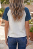 White Textured Color Block Denim Patchwork Polo Collar Tee