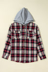 Green Plaid Print Chest Pocket Buttoned Hooded Shacket